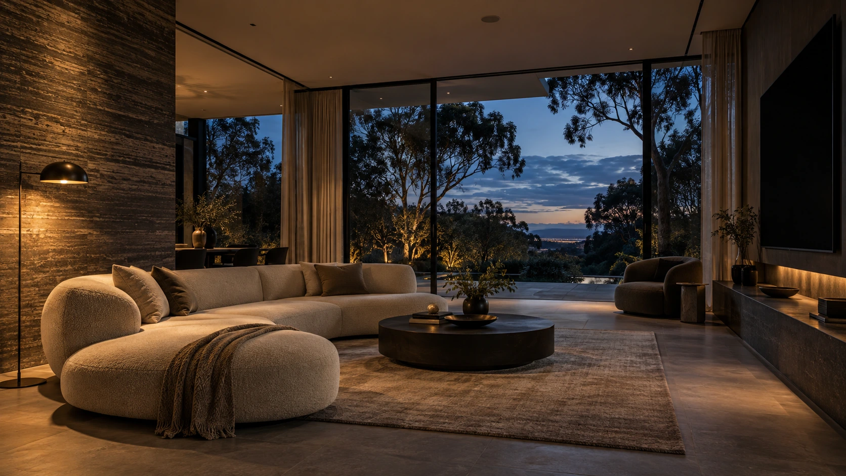 Conceptual contemporary Australian living room, with warm indirect lighting and a garden outlook at dusk