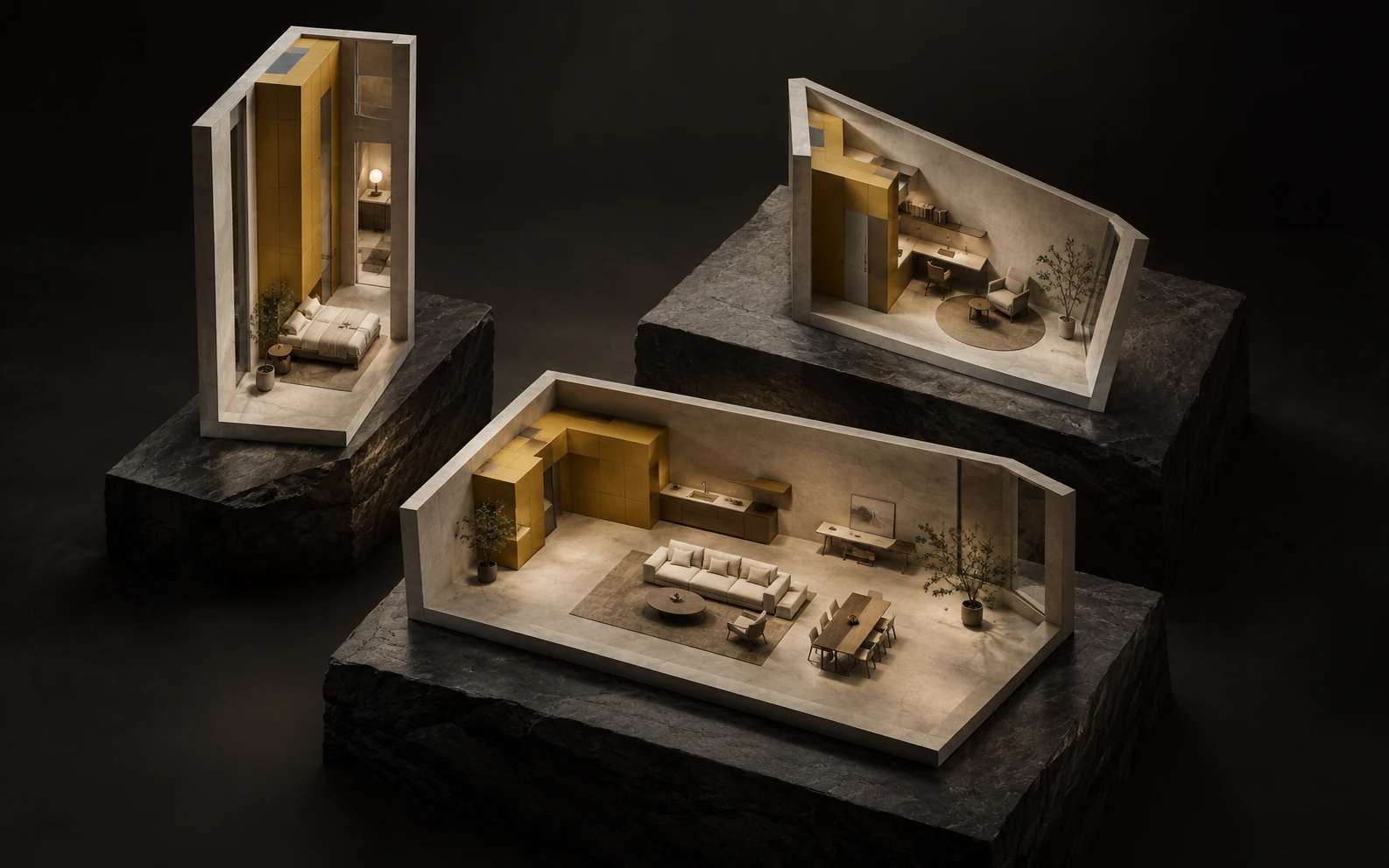 A shared starting point. Different homes. Conceptual artwork for Start with reusable space packages.